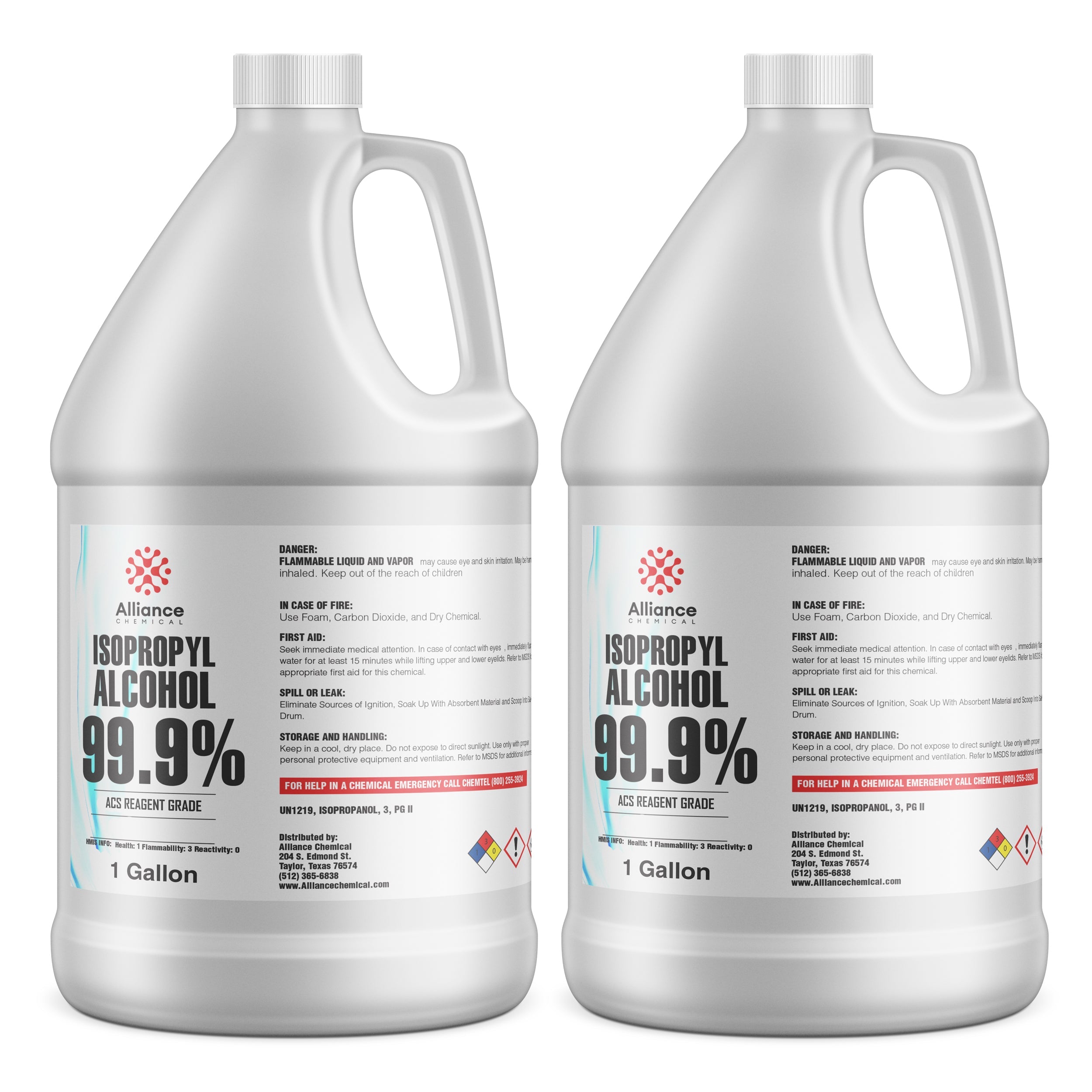 1-gallon HDPE jugs of 99.9% Isopropyl Alcohol ACS Reagent Grade with flammable warning symbols, Alliance Chemical branded, clear safety labeling.